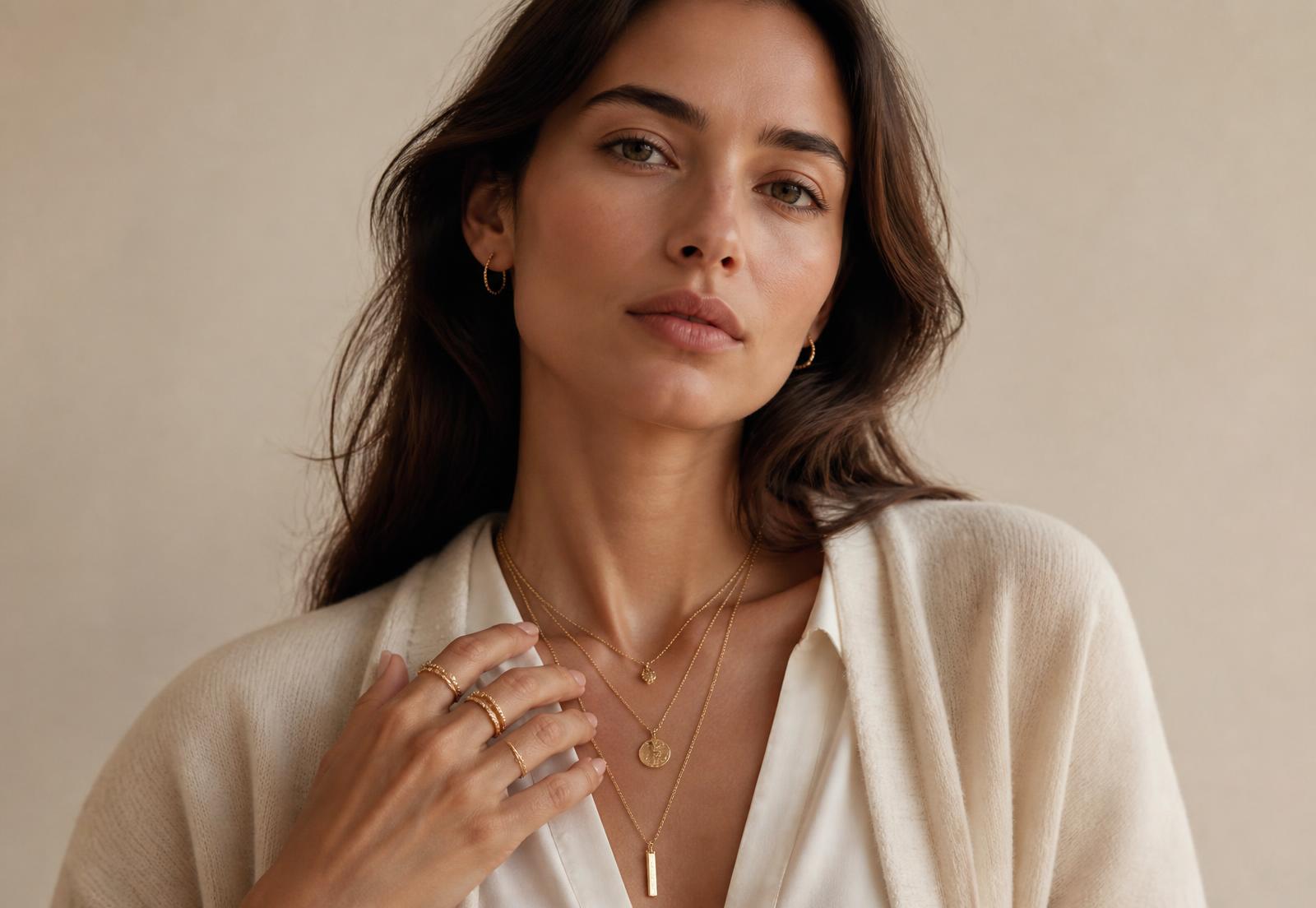 Model wearing layered Evoria London gold necklaces and stacked rings